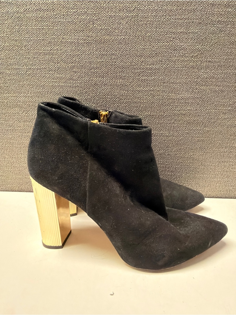 Michael Kors Black Suede Ankle Booties with Gold Block Heel
